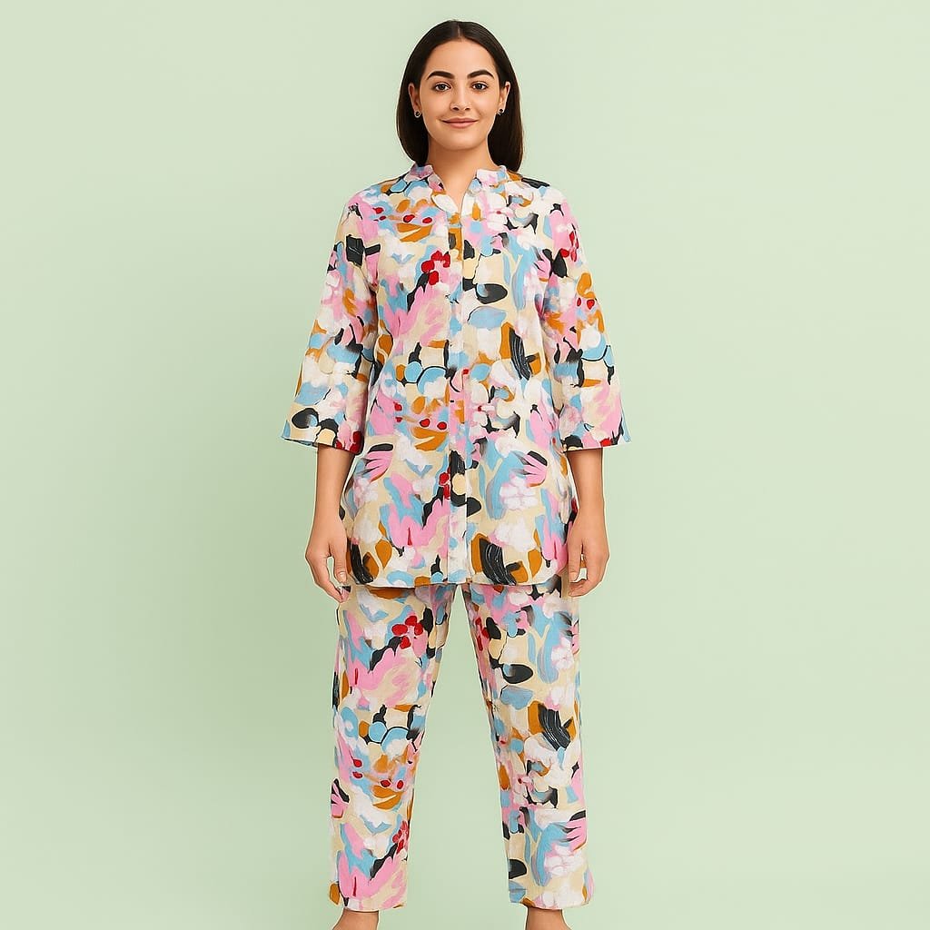 Cotton Print 60*60 Courd Set With Chines Collor Half Belt Half Lastik.