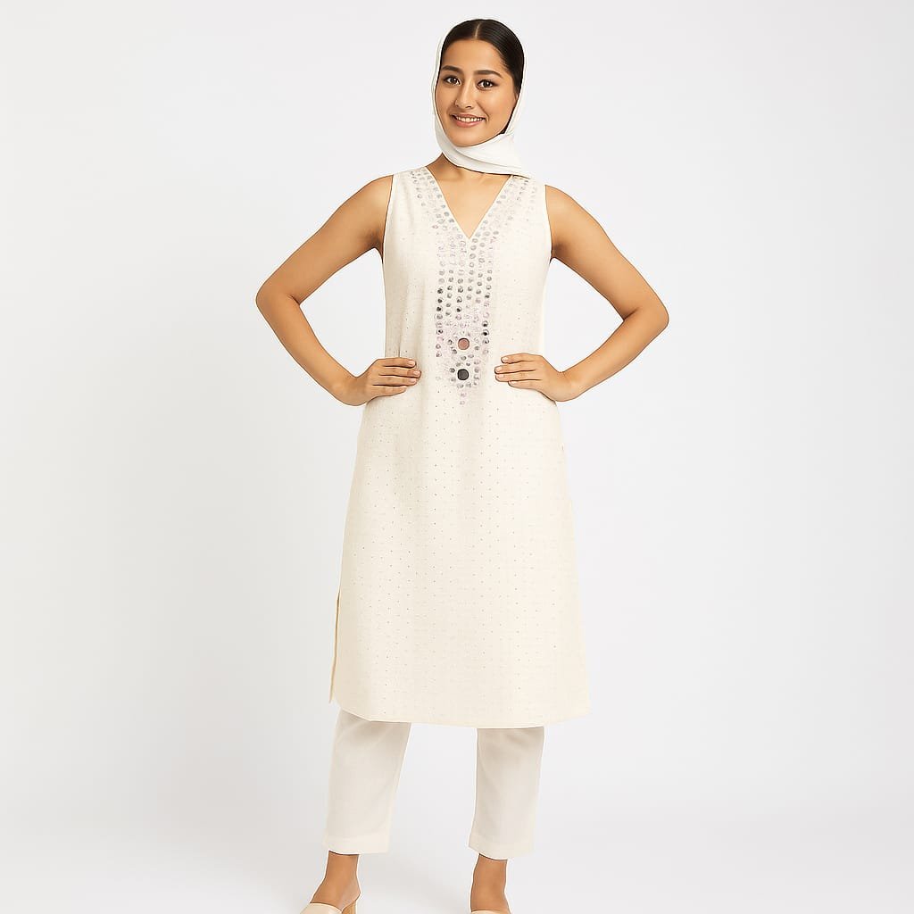 Chicken Cotton Cemrick Suit Mirror Neck Sleeve Less Pant Half Belt & Lastic One Side Pocket.